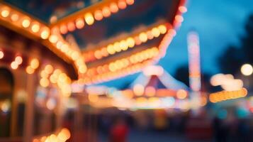 A beautifully blurred background shows a mesmerizing carousel with glowing bokeh lights, capturing the essence of fun and nostalgia in a charming amusement park where families create joyful memories photo