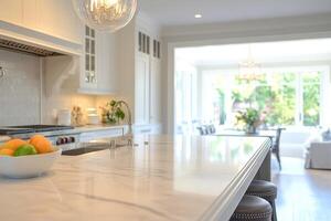 This bright and stunning kitchen features a sleek marble bench that exudes luxury, complemented by a cozy seating area in the background, creating an inviting modern atmosphere of comfort and style photo