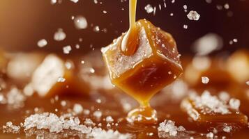 Imagine a delightful salted caramel cube perfectly placed on top of a luxuriously rich syrup, creating an indulgent dessert that melts right in your mouth, thrilling your taste buds with pure joy photo