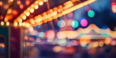 A beautifully blurred background of an amusement park carousel, which is filled with vibrant bokeh lights twinkling delightfully in the evening, creating a magical and festive ambiance photo