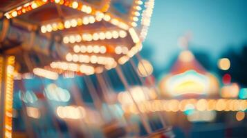 A vibrant and defocused image of a colorful carousel spinning in a lively amusement park, adorned with captivating bokeh lights that twinkle during the enchanting evening hours of the night photo