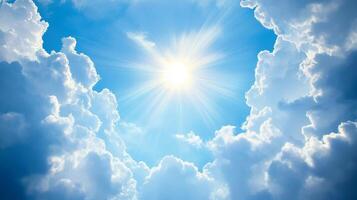 A breathtaking and stunning view of a bright summer sky filled with fluffy white clouds and radiant golden sunlight, creating a peaceful, tranquil, and uplifting atmosphere that invites admiration photo