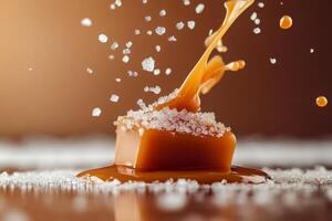 Enjoy the perfect mix of sweet and salty with this delicious salted caramel treat. Its creamy, chewy texture and glossy finish make it irresistible, leaving you craving more of this indulgent dessert photo