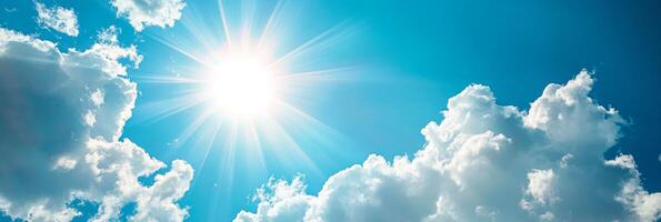 A truly serene and uplifting scene that features bright sunlight streaming down through fluffy white clouds in a clear blue sky, perfectly embodying the very essence of a peaceful summer day photo