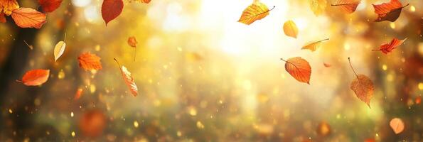 In a breathtaking autumn landscape, vibrant orange leaves gently fall in a sunny park, creating a warm and serene atmosphere that is absolutely perfect for all nature enthusiasts to enjoy photo