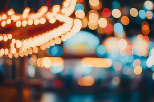 A charming view of a brightly lit carousel in a vibrant amusement park, featuring colorful bokeh lights that create an enchanting evening atmosphere, perfect for families and friends to enjoy photo