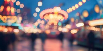 An enchanting and mesmerizing evening scene showcases a defocused carousel that is surrounded by a myriad of vibrant bokeh lights, creating a lively and magical amusement park ambiance photo