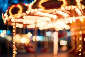 A blurred carousel surrounded by bokeh lights captures the enchanting atmosphere of a joyful amusement park evening filled with fun and excitement for all ages enjoying the festive vibe together photo