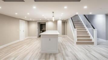 This stylish and spacious basement features a contemporary design with a pristine white countertop and an elegantly crafted staircase, creating an inviting space perfect for relaxation and comfort photo