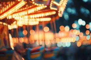 A wonderfully blurred carnival scene unfolds, showcasing a beautifully designed carousel that is adorned with sparkling lights, which together create a warm and inviting atmosphere for the evening photo