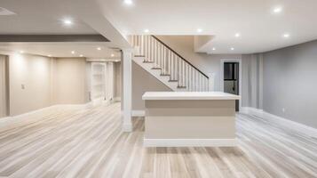 This modern basement boasts an open layout with a stunning white countertop and an elegant staircase, creating a warm and inviting atmosphere ideal for recreation, entertainment, and relaxation photo