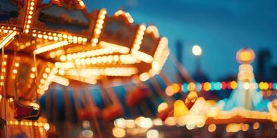 A blurred, enchanting evening scene of a charming carousel at an amusement park, adorned with vibrant bokeh lights, creating a magical atmosphere that captivates the senses and evokes warm feelings photo