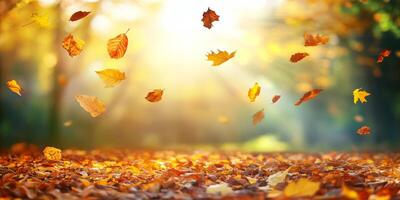 A picturesque autumn park scene showcases a vibrant array of falling leaves and a warm sunlit atmosphere, perfectly capturing the true essence of this beautiful season of change and renewal photo
