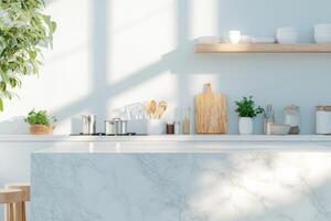 This contemporary kitchen offers a bright ambiance with a marble countertop and modern decor, complemented by green plants and innovative utensils, creating an inviting space for cooking photo
