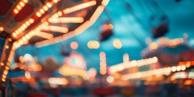 Imagine a whimsical scene of a carousel at a lively amusement park, surrounded by a vibrant, blurred backdrop of colorful bokeh lights, creating a truly magical evening atmosphere photo