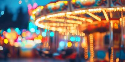 An enchanting evening scene showcases a charming carousel in a lively amusement park, enhanced by beautiful bokeh lights, creating a magical atmosphere that captivates all visitors photo