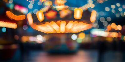 The scene features a blurred background of a colorful carousel at an amusement park, enhanced by bokeh lights, creating a magical atmosphere that captures joy and invites festive fun for all ages photo
