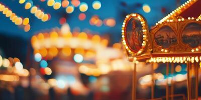 A wonderfully blurred image beautifully capturing the whimsical essence of a carousel at an amusement park, which is adorned with magical bokeh lights that illuminate the enchanting evening sky photo