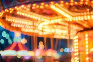 A beautifully blurred image captures a whimsical carousel adorned with glowing bokeh lights in a vibrant amusement park, sparkling joyfully at night and creating unforgettable moments photo