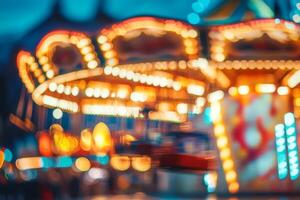A beautifully blurred view of a colorful carousel at an amusement park, framed by vibrant bokeh lights that create a truly magical and enchanting evening atmosphere full of excitement and joy photo