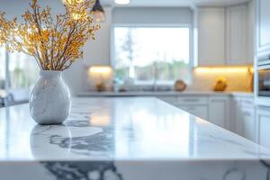 This stunning modern kitchen exudes a bright and inviting atmosphere, showcasing a beautiful marble countertop that is perfect for contemporary spaces where elegance seamlessly meets functionality photo