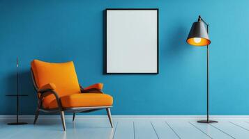 A stylish and vibrant living room showcasing an orange couch, minimalistic decor, and a lively blue wall, serving as an ideal source of inspiration for contemporary home design projects photo