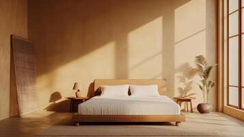 Imagine a serene bedroom with a beautifully crafted wooden bed and soft beige pillows, creating a cozy atmosphere for unwinding after a long, exhausting day of responsibilities and stress photo