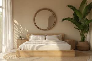 This serene bedroom features a beautifully crafted wooden bed in soft beige tones. The minimalistic decor enhances its charm, creating a cozy haven for relaxation in any modern home photo