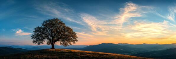 In a serene landscape, a lone tree silhouette stands against a stunning sunset and majestic mountains, creating a colorful sky that evokes a deep sense of peace in natures beauty photo