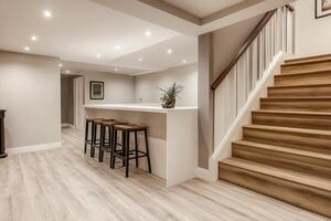 This beautifully designed basement renovation features a modern white countertop and warm lighting, creating a spacious yet cozy recreational area ideal for relaxation and entertainment photo