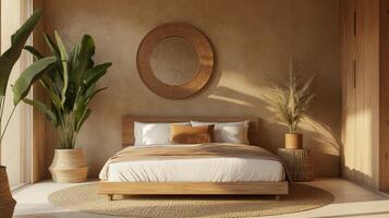 A peaceful bedroom with a beautifully crafted wooden bed, warm pillows, and earthy tones, perfect for relaxation and style. Ideal for anyone seeking interior design inspiration for a tranquil retreat photo