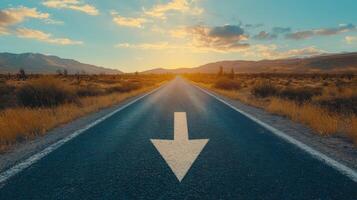 A smooth asphalt road leads to a vibrant sunset, symbolizing our progress and the journey ahead, with a clear arrow directing us toward our unwavering determination and life goals photo