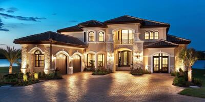 This beautiful modern home in Miami features an elegant brick driveway, lush palm trees, and a spacious garage, all illuminated against a breathtaking evening sky for a picturesque view photo