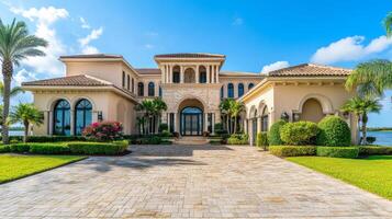 Explore this beautiful modern home in vibrant Miami, featuring a charming brick driveway, tropical landscaping, and elegant palm trees, all creating a comfortable ambiance by the serene waterfront photo