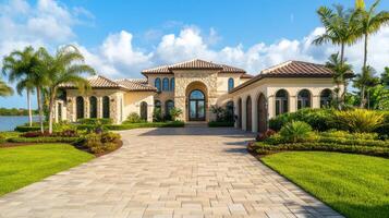 Discover a luxurious and stunning Miami home featuring an elegant brick driveway, beautiful and lush landscaping, along with magnificent palm trees that greatly enhance its overall ambiance and charm photo