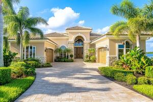 Discover a stunning modern home with a beautiful brick driveway, lush landscaping, tall palm trees, and a spacious garage. This property blends elegance and tropical charm in the heart of Miami photo
