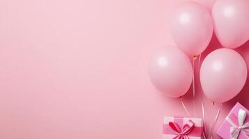 Imagine a vibrant pastel pink background adorned with an array of colorful balloons and beautifully wrapped gifts, perfect for crafting an exciting and festive atmosphere for any celebration photo