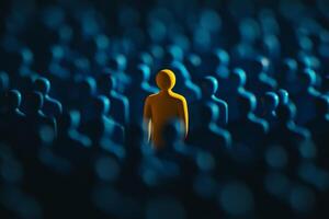 A uniquely distinct yellow figure prominently stands out among a sea of blue silhouettes, representing the essential search for the right and suitable talent during recruitment and hiring processes photo