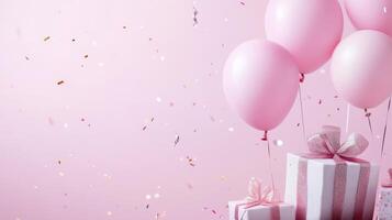 This vibrant and cheerful pink background is adorned with colorful balloons, playful confetti, and delightful gifts, making it absolutely perfect for festive celebrations and exciting events photo