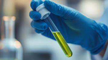 A dedicated scientist holds a vibrant green bacterial sample in a test tube, highlighting the importance of research in medicine and microbiology for improvements in treatment options and diagnostics photo