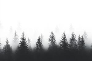 Silhouetted pine trees majestically rise from a thick blanket of fog, creating a serene atmosphere that beautifully showcases natures incredible artistry and elegance in a tranquil environment photo