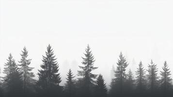 A serene and hazy misty landscape showcases beautifully silhouetted pine trees, collectively creating a tranquil and peaceful atmosphere that immerses us in the beauty of nature all around photo