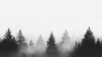 This scene offers a serene view of towering pine trees shrouded in soft fog, creating a tranquil atmosphere within natures untouched wilderness, inviting appreciation of its beauty photo