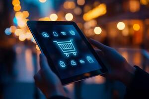 A user is navigating through an online shopping app on a tablet, set against the backdrop of a vibrant city evening photo