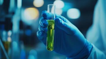A passionate scientist holds a test tube with a yellowish bacteria sample, vital for advancing medical research and enhancing our understanding of diseases to improve treatment methods for patients photo