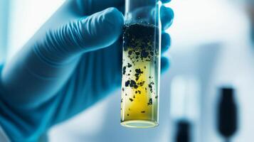 An experienced scientist holds a delicate test tube with a bacterial sample, emphasizing research in microbiology, particularly legionella, to understand bacterial behavior and health implications photo