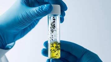 A scientist holds a test tube with vivid yellow liquid containing bacteria, highlighting the importance of ongoing medical research and healthcare studies in the scientific community photo