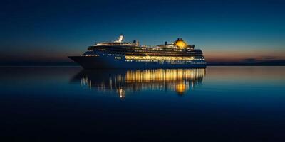 A magnificent cruise ship glows against a twilight sky, its reflections shimmering on tranquil waters. It embodies luxury and adventure, ideal for unforgettable, restful sea journeys photo