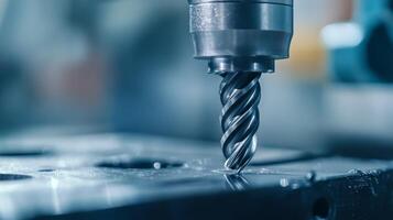 The image shows a closeup of an industrial drill bit on a machine, showcasing its precise engineering and advanced metal processing technology, reflecting its sophisticated design and efficiency photo