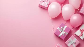 A delightful and cheerful arrangement featuring an abundance of pink balloons and beautifully wrapped gift boxes, making it the perfect choice for any fun festive event or joyful celebration photo